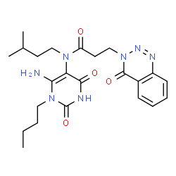 ChemSpider 2D Image | N-(6-Amino-1-butyl-2,4-dioxo-1,2,3,4-tetrahydro-5-pyrimidinyl)-N-(3-methylbutyl)-3-(4-oxo-1,2,3-benzotriazin-3(4H)-yl)propanamide | C23H31N7O4