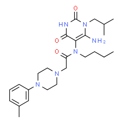 ChemSpider 2D Image | N-(6-Amino-1-isobutyl-2,4-dioxo-1,2,3,4-tetrahydro-5-pyrimidinyl)-N-butyl-2-[4-(3-methylphenyl)-1-piperazinyl]acetamide | C25H38N6O3