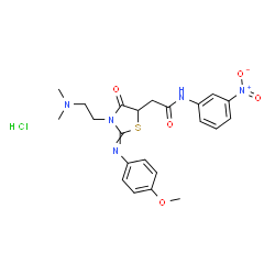 ChemSpider 2D Image | 2-{3-[2-(Dimethylamino)ethyl]-2-[(4-methoxyphenyl)imino]-4-oxo-1,3-thiazolidin-5-yl}-N-(3-nitrophenyl)acetamide hydrochloride (1:1) | C22H26ClN5O5S