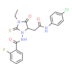 ChemSpider 2D Image | N-(5-{2-[(4-Chlorophenyl)amino]-2-oxoethyl}-3-ethyl-4-oxo-2-thioxo-1-imidazolidinyl)-2-fluorobenzamide | C20H18ClFN4O3S