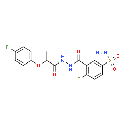 ChemSpider 2D Image | 4-Fluoro-3-({2-[2-(4-fluorophenoxy)propanoyl]hydrazino}carbonyl)benzenesulfonamide | C16H15F2N3O5S