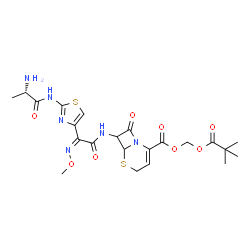 ChemSpider 2D Image | [(2,2-Dimethylpropanoyl)oxy]methyl 7-{[(2Z)-2-[2-(L-alanylamino)-1,3-thiazol-4-yl]-2-(methoxyimino)acetyl]amino}-8-oxo-5-thia-1-azabicyclo[4.2.0]oct-2-ene-2-carboxylate | C22H28N6O8S2