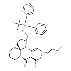 ChemSpider 2D Image | (1R,3aR,7aR,8aR,11S)-11-Butyl-1-({[(2-methyl-2-propanyl)(diphenyl)silyl]oxy}methyl)-2,3,5,6,7,7a,8a,11-octahydro-1H,9H-pyrano[4,3-b]pyrrolo[2,1-j]quinoline-8,9(4H)-dione | C36H47NO4Si