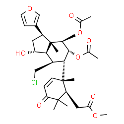 ChemSpider 2D Image | Methyl {(1R,2S)-2-[(1S,3R,3aR,4S,5S,6R,7R,7aS)-6,7-diacetoxy-4-(chloromethyl)-1-(3-furyl)-3-hydroxy-7a-methyloctahydro-1H-inden-5-yl]-2,6,6-trimethyl-5-oxo-3-cyclohexen-1-yl}acetate | C31H41ClO9