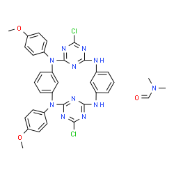 ChemSpider 2D Image | N,N-Dimethylformamide - (2E)-5,17-dichloro-8,14-bis(4-methoxyphenyl)-2,4,6,8,14,16,18,20,26,28-decaazapentacyclo[19.3.1.1~3,7~.1~9,13~.1~15,19~]octacosa-1(25),2,4,6,9(27),10,12,15(26),16,18,21,23-dode
caene (1:1) | C35H31Cl2N11O3