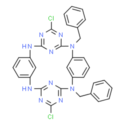 ChemSpider 2D Image | (19E)-8,14-Dibenzyl-5,17-dichloro-2,4,6,8,14,16,18,20,26,28-decaazapentacyclo[19.3.1.1~3,7~.1~9,13~.1~15,19~]octacosa-1(25),2,4,6,9(27),10,12,15(26),17,19,21,23-dodecaene | C32H24Cl2N10