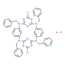ChemSpider 2D Image | 2,8,14,20-Tetrabenzyl-5,17-dichloro-2,4,6,8,14,16,18,20,26,28-decaazapentacyclo[19.3.1.1~3,7~.1~9,13~.1~15,19~]octacosa-1(25),3(28),4,6,9(27),10,12,15(26),16,18,21,23-dodecaene hydrate (1:1) | C46H38Cl2N10O