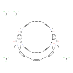 ChemSpider 2D Image | 5,18,26,39,44,57-Hexaethyl-5,18,26,39,44,57-hexaazatridecacyclo[20.20.16.2~6,9~.2~10,13~.2~14,17~.2~27,30~.2~31,34~.2~35,38~.2~45,48~.2~49,52~.2~53,56~.1~3,41~.1~20,24~]octaheptaconta-1,3(65),6,8,10,1
2,14,16,20(72),21,23,27,29,31,33,35,37,41,45,47,49,51,53,55,59,61,63,66,68,70,73,75,77-tritriacontaene-4,19,25,40,43,58-hexone - chloroform (1:4) | C88H76Cl12N6O6