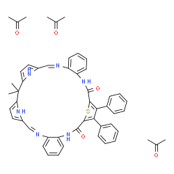 ChemSpider 2D Image | (7Z,29Z)-2,2-Dimethyl-18,19-diphenyl-35-thia-8,15,22,29,34,36-hexaazahexacyclo[29.2.1.1~3,6~.1~17,20~.0~9,14~.0~23,28~]hexatriaconta-1(33),3,5,7,9,11,13,17,19,23,25,27,29,31-tetradecaene-16,21-dione -
 acetone (1:3) | C52H52N6O5S