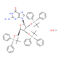 ChemSpider 2D Image | 2',3',5'-Tris-O-[(2-methyl-2-propanyl)(diphenyl)silyl]guanosine - methanol (1:1) | C59H71N5O6Si3