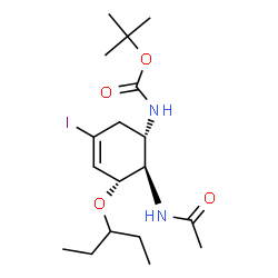 ChemSpider 2D Image | 2-Methyl-2-propanyl [(1S,5R,6R)-6-acetamido-3-iodo-5-(3-pentanyloxy)-3-cyclohexen-1-yl]carbamate | C18H31IN2O4