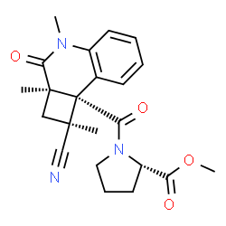 ChemSpider 2D Image | Methyl 1-{[(1S,2aR,8bR)-1-cyano-1,2a,4-trimethyl-3-oxo-2,2a,3,4-tetrahydrocyclobuta[c]quinolin-8b(1H)-yl]carbonyl}-L-prolinate | C22H25N3O4