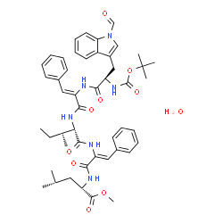 ChemSpider 2D Image | Methyl N-{(2Z)-2-[(N-{(2Z)-2-[(1-formyl-N-{[(2-methyl-2-propanyl)oxy]carbonyl}tryptophyl)amino]-3-phenyl-2-propenoyl}-L-isoleucyl)amino]-3-phenyl-2-propenoyl}leucinate hydrate (1:1) | C48H60N6O10