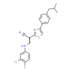 ChemSpider 2D Image | 3-[(3-Chloro-4-fluorophenyl)amino]-2-[4-(4-isobutylphenyl)-1,3-thiazol-2-yl]acrylonitrile | C22H19ClFN3S