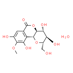 ChemSpider 2D Image | (2S,3R,4R,4aS,10bR)-3,4,8,10-Tetrahydroxy-2-(hydroxymethyl)-9-methoxy-3,4,4a,10b-tetrahydropyrano[3,2-c]isochromen-6(2H)-one hydrate (1:1) | C14H18O10