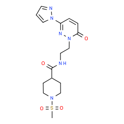 ChemSpider 2D Image | 1-(Methylsulfonyl)-N-{2-[6-oxo-3-(1H-pyrazol-1-yl)-1(6H)-pyridazinyl]ethyl}-4-piperidinecarboxamide | C16H22N6O4S