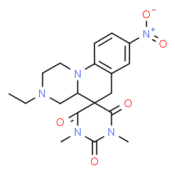 ChemSpider 2D Image | 3-Ethyl-1',3'-dimethyl-8-nitro-2,3,4,4a-tetrahydro-1H,2'H,6H-spiro[pyrazino[1,2-a]quinoline-5,5'-pyrimidine]-2',4',6'(1'H,3'H)-trione | C19H23N5O5