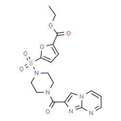 ChemSpider 2D Image | Ethyl 5-{[4-(imidazo[1,2-a]pyrimidin-2-ylcarbonyl)-1-piperazinyl]sulfonyl}-2-furoate | C18H19N5O6S