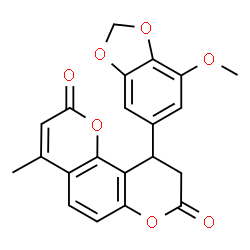 ChemSpider 2D Image | 10-(7-Methoxy-1,3-benzodioxol-5-yl)-4-methyl-9,10-dihydro-2H,8H-pyrano[2,3-f]chromene-2,8-dione | C21H16O7