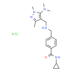 ChemSpider 2D Image | N-Cyclopropyl-4-[({[5-(dimethylamino)-1,3-dimethyl-1H-pyrazol-4-yl]methyl}amino)methyl]benzamide hydrochloride (1:1) | C19H28ClN5O