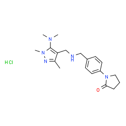 ChemSpider 2D Image | 1-{4-[({[5-(Dimethylamino)-1,3-dimethyl-1H-pyrazol-4-yl]methyl}amino)methyl]phenyl}-2-pyrrolidinone hydrochloride (1:1) | C19H28ClN5O