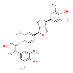 ChemSpider 2D Image | 1-(4-Hydroxy-3,5-dimethoxyphenyl)-2-{4-[(1R,3aS,4R,6aS)-4-(4-hydroxy-3,5-dimethoxyphenyl)tetrahydro-1H,3H-furo[3,4-c]furan-1-yl]-2-methoxyphenoxy}-1,3-propanediol | C32H38O12