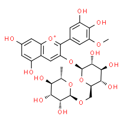 ChemSpider 2D Image | 2-(3,4-Dihydroxy-5-methoxyphenyl)-5,7-dihydroxy-3-chromeniumyl 6-O-(6-deoxy-alpha-L-mannopyranosyl)-beta-D-glucopyranoside | C28H33O16