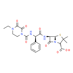 ChemSpider 2D Image | (2R,5R,6R)-6-{[(2R)-2-{[(4-Ethyl-2,3-dioxo-1-piperazinyl)carbonyl]amino}-2-phenylacetyl]amino}-3,3-dimethyl-7-oxo-4-thia-1-azabicyclo[3.2.0]heptane-2-carboxylic acid | C23H27N5O7S