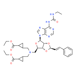 ChemSpider 2D Image | 5'-(Bis{[2-(ethoxycarbonyl)cyclopropyl]methyl}amino)-5'-deoxy-N-(ethylcarbamoyl)-2',3'-O-[(1S,2E)-3-phenyl-2-propen-1-ylidene]adenosine | C36H45N7O8