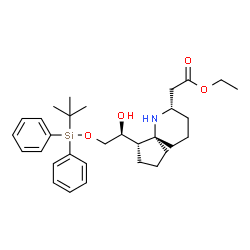 ChemSpider 2D Image | Ethyl {(1S,5S,7S)-1-[(1S)-1-hydroxy-2-{[(2-methyl-2-propanyl)(diphenyl)silyl]oxy}ethyl]-6-azaspiro[4.5]dec-7-yl}acetate | C31H45NO4Si