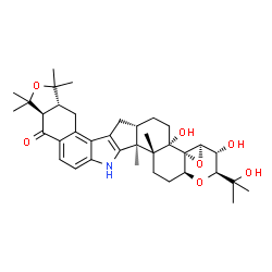 ChemSpider 2D Image | (2S,3R,3aR,4aS,4bS,6aS,8aR,11aR,15bS,15cR,17aS)-3,4b-Dihydroxy-2-(2-hydroxy-2-propanyl)-9,9,11,11,15b,15c-hexamethyl-3,3a,5,6,6a,8,8a,9,11,11a,15,15b,15c,16,17,17a-hexadecahydro-2H,4bH-[2]benzofuro[5,
6-e]oxireno[4',4a']chromeno[5',6':6,7]indeno[1,2-b]indol-12(7H)-one | C37H49NO7