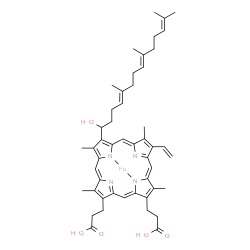 ChemSpider 2D Image | [3,3'-{8-[(4E,8E)-1-Hydroxy-5,9,13-trimethyl-4,8,12-tetradecatrien-1-yl]-3,7,12,17-tetramethyl-13-vinyl-2,18-porphyrindiyl-kappa~2~N~22~,N~24~}dipropanoato(2-)]iron | C49H58FeN4O5