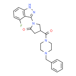 ChemSpider 2D Image | 4-[(4-Benzyl-1-piperazinyl)carbonyl]-1-(4-fluoro-1H-indazol-3-yl)-2-pyrrolidinone | C23H24FN5O2