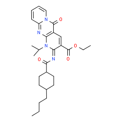 ChemSpider 2D Image | Ethyl (2Z)-2-{[(4-butylcyclohexyl)carbonyl]imino}-1-isopropyl-5-oxo-1,5-dihydro-2H-dipyrido[1,2-a:2',3'-d]pyrimidine-3-carboxylate | C28H36N4O4