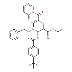 ChemSpider 2D Image | Ethyl (2Z)-2-{[4-(2-methyl-2-propanyl)benzoyl]imino}-5-oxo-1-(2-phenylethyl)-1,5-dihydro-2H-dipyrido[1,2-a:2',3'-d]pyrimidine-3-carboxylate | C33H32N4O4