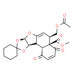 ChemSpider 2D Image | Methyl (4a'R,5'R,7a'R,10a'R,10c'R)-5'-(acetoxymethyl)-1',4'-dioxo-1',5',7a',10a',10b',10c'-hexahydrospiro[cyclohexane-1,9'-naphtho[1',2':4,5]furo[2,3-d][1,3]dioxole]-4a'(4'H)-carboxylate | C23H26O9