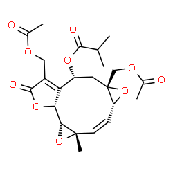 ChemSpider 2D Image | (1aR,1bR,5R,6aR,7aR,8Z,9aS)-4,6a-Bis(acetoxymethyl)-9a-methyl-3-oxo-1a,1b,3,5,6,6a,7a,9a-octahydrobisoxireno[5,6:9,10]cyclodeca[1,2-b]furan-5-yl 2-methylpropanoate | C23H28O10