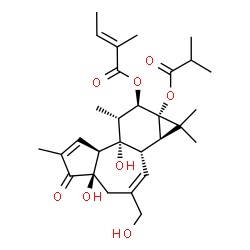 ChemSpider 2D Image | (1aR,1bS,4aR,7aS,7bS,8R,9R,9aS)-4a,7b-Dihydroxy-3-(hydroxymethyl)-9a-(isobutyryloxy)-1,1,6,8-tetramethyl-5-oxo-1a,1b,4,4a,5,7a,7b,8,9,9a-decahydro-1H-cyclopropa[3,4]benzo[1,2-e]azulen-9-yl (2E)-2-meth
yl-2-butenoate | C29H40O8