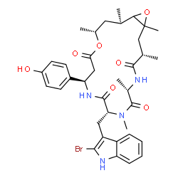 ChemSpider 2D Image | (3S,6S,9R,12R,16R,18R)-9-[(2-Bromo-1H-indol-3-yl)methyl]-12-(4-hydroxyphenyl)-1,3,6,8,16,18-hexamethyl-15,20-dioxa-5,8,11-triazabicyclo[17.1.0]icosane-4,7,10,14-tetrone | C36H45BrN4O7