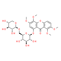 ChemSpider 2D Image | 3,4,7,8-Tetramethoxy-9-oxo-9H-xanthen-1-yl 6-O-beta-D-xylopyranosyl-beta-D-glucopyranoside | C28H34O16