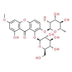 ChemSpider 2D Image | 2-[(6-Deoxy-alpha-L-mannopyranosyl)oxy]-8-hydroxy-6-methoxy-9-oxo-9H-xanthen-1-yl beta-D-glucopyranoside | C26H30O15