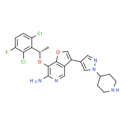 ChemSpider 2D Image | 7-[(1S)-1-(2,6-Dichloro-3-fluorophenyl)ethoxy]-3-[1-(4-piperidinyl)-1H-pyrazol-4-yl]furo[3,2-c]pyridin-6-amine | C23H22Cl2FN5O2