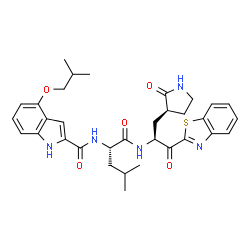 ChemSpider 2D Image | N-[(2S)-1-({(2S)-1-(1,3-Benzothiazol-2-yl)-1-oxo-3-[(3S)-2-oxo-3-pyrrolidinyl]-2-propanyl}amino)-4-methyl-1-oxo-2-pentanyl]-4-isobutoxy-1H-indole-2-carboxamide | C33H39N5O5S