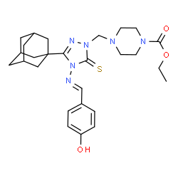 ChemSpider 2D Image | Ethyl 4-({3-(adamantan-1-yl)-4-[(E)-(4-hydroxybenzylidene)amino]-5-thioxo-4,5-dihydro-1H-1,2,4-triazol-1-yl}methyl)-1-piperazinecarboxylate | C27H36N6O3S