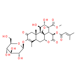 ChemSpider 2D Image | Methyl (11beta,12alpha,15beta)-3-(beta-D-glucopyranosyloxy)-11,12-dihydroxy-15-[(3-methyl-2-butenoyl)oxy]-2,16-dioxo-13,20-epoxypicras-3-en-21-oate | C32H42O16