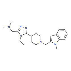 ChemSpider 2D Image | 1-(4-Ethyl-5-{1-[(1-methyl-1H-indol-2-yl)methyl]-4-piperidinyl}-4H-1,2,4-triazol-3-yl)-N,N-dimethylmethanamine | C22H32N6