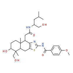 ChemSpider 2D Image | N-[7-Hydroxy-8-(hydroxymethyl)-4-{2-[(1-hydroxy-4-methyl-2-pentanyl)amino]-2-oxoethyl}-4a,8-dimethyl-4,4a,5,6,7,8,8a,9-octahydronaphtho[2,3-d][1,3]thiazol-2-yl]-4-methoxybenzamide | C30H43N3O6S