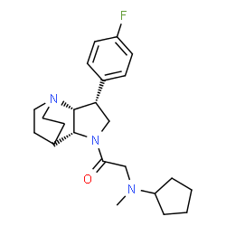 ChemSpider 2D Image | 2-[Cyclopentyl(methyl)amino]-1-[(2R,3R,6R)-3-(4-fluorophenyl)-1,5-diazatricyclo[5.2.2.0~2,6~]undec-5-yl]ethanone | C23H32FN3O