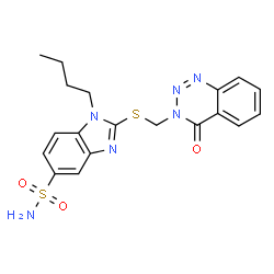ChemSpider 2D Image | 1-Butyl-2-{[(4-oxo-1,2,3-benzotriazin-3(4H)-yl)methyl]sulfanyl}-1H-benzimidazole-5-sulfonamide | C19H20N6O3S2