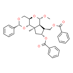 ChemSpider 2D Image | [(2R,4aR,6S,6aS,7R,8R,9aR,9bS)-8-(Benzoyloxy)-6-methoxy-9a-methyl-2-phenyloctahydro-4H-cyclopenta[4,5]pyrano[3,2-d][1,3]dioxin-7-yl]methyl benzoate | C33H34O8